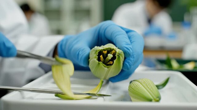 Gloved hand blue glove dissection of green flower botanical specimen laboratory tray, gloved hands dissecting green flower bud with scalpel and probe for scientific observation and careful