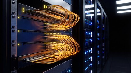 Server Room Connectivity: Intricate network of cables linking computer servers in data center, the scene represents the high-speed and seamless data transmission