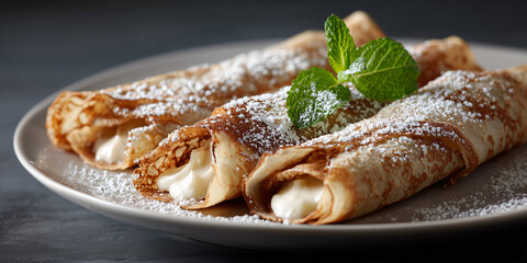 Delicious crepes filled with a creamy filling, dusted with powdered sugar and garnished with a mint sprig, a culinary delight. A perfect dessert to satisfy your sweet cravings
