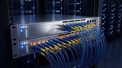 Data Center Connectivity: A detailed shot of a data center's server rack, showcasing a complex network of fiber optic cables and servers.
