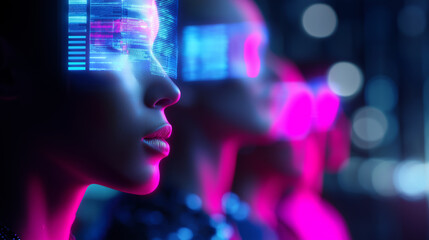 Futuristic portrait of diverse people illuminated by holographic digital interfaces symbolizing artificial intelligence, data, and human augmentation.
