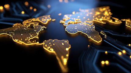Glowing world map integrated with digital circuits representing global technology, data networks, and artificial intelligence.
