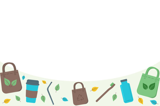 Plastic free lifestyle background with bottom border copy space. Zero waste template featuring reusable bag and stainless straw. Vector flat design layout for ecology banner or save earth campaign.