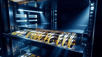 Data Server:  A network server, a hub of modern technology, hums with intricate data connections and fiber optics, the lifeblood of today's digital landscape. 