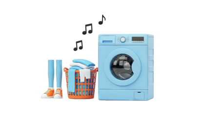 Playful Laundry Scene with Blue Washing Machine and Musical Notes