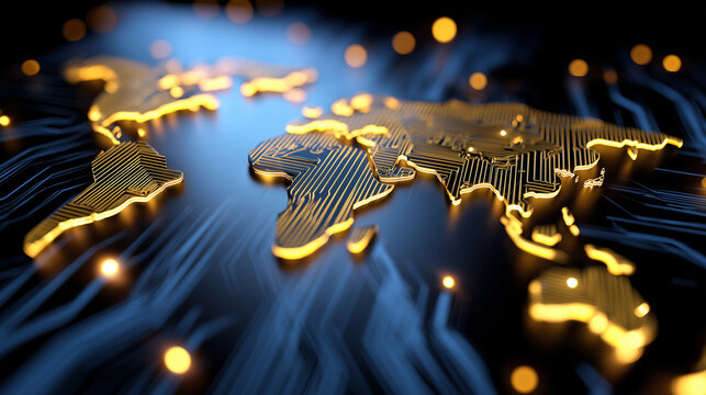 Glowing world map integrated with digital circuits representing global technology, data networks, and artificial intelligence.
 - Powered by Adobe