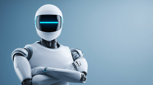 Confident humanoid robot standing with crossed arms against a clean background symbolizing artificial intelligence, autonomy, and future technology.
