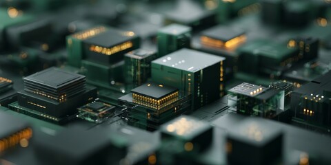 Futuristic Technology: An eye-level shot captures a complex circuit board, filled with intricate components. The image highlights the detailed and advanced technology.
