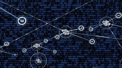 Animation of network of digital icons and binary coding against black background - Powered by Adobe