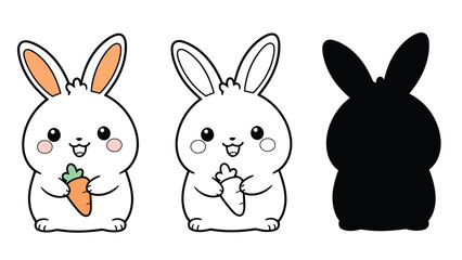 Obraz premium Three cartoon bunnies holding carrots on a white background with a black silhouette