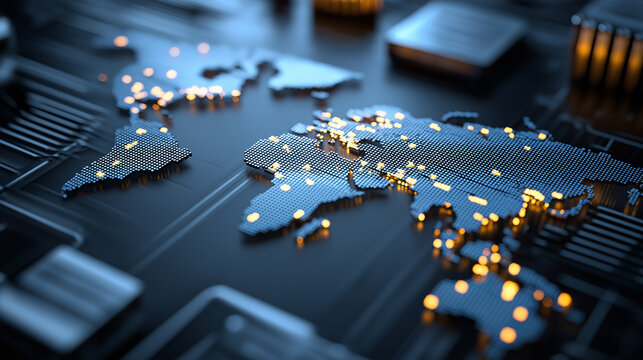Glowing world map integrated with digital circuits representing global technology, data networks, and artificial intelligence.
 - Powered by Adobe