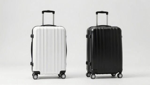 White and black rolling suitcases standing