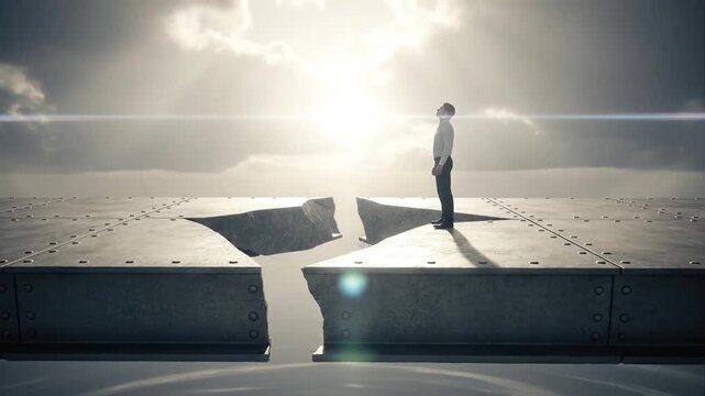 Man stands near a chasm under a dramatic sky symbolic of challenge