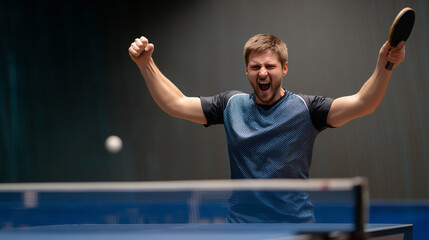A man is playing ping pong and is about to hit the ball