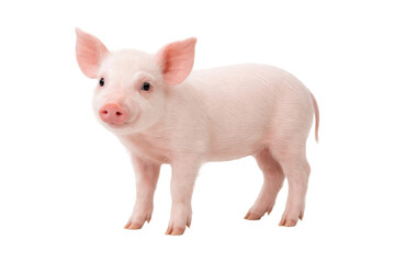 Cute young piglet standing in a natural pose, full body view, isolated on a clean white background. Adorable farm animal with soft pink skin, small hooves, and a gentle expression