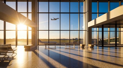 Airport Window view : A modern airport interior showcases a panoramic view through expansive glass windows. Witnessing the departure of an airplane soaring against a clear blue sky.
