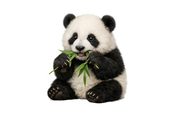 Cute giant panda cub sitting and eating fresh green bamboo leaves, isolated on a clean white background with soft studio lighting, adorable wildlife animal concept for conservation, nature, and educat © MJ iceberg