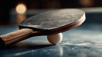 A ping pong paddle with a ball on it