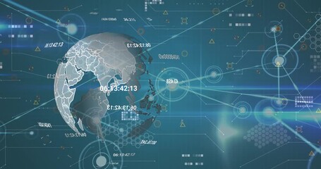 Animation of globe of network of connections with icons over globe - Powered by Adobe