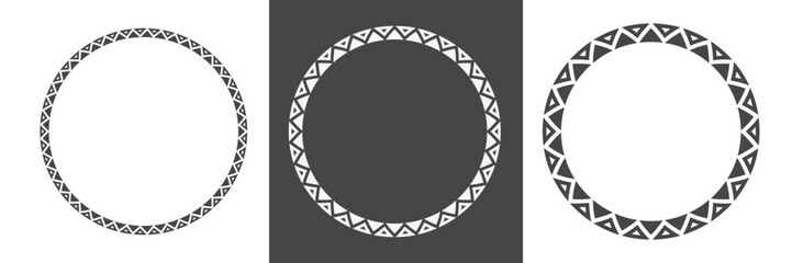 Set of tribal circular frames with Aztec-inspired ornamental borders. Ethnic geometric motifs arranged in round compositions, suitable for design, decoration, branding, and cultural projects
