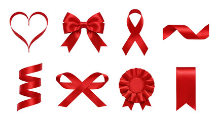 Red silk ribbon set including heart shape, bow, awareness loop, swirl, and award rosette isolated. Decorative gift and celebration elements.