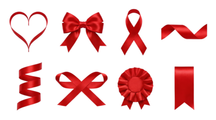 Red silk ribbon set including heart shape, bow, awareness loop, swirl, and award rosette isolated. Decorative gift and celebration elements.