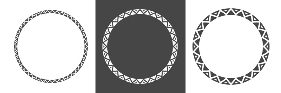Set of tribal circular frames with Aztec-inspired ornamental borders. Ethnic geometric motifs arranged in round compositions, suitable for design, decoration, branding, and cultural projects