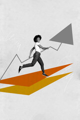 3d vertical artwork banner sketch photo collage of happy businesswoman run arrow development chance...