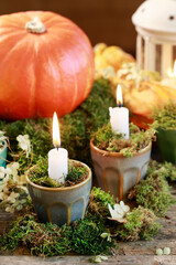 Classic autumn decorations with pumpkins, candles and moss on wooden table.
