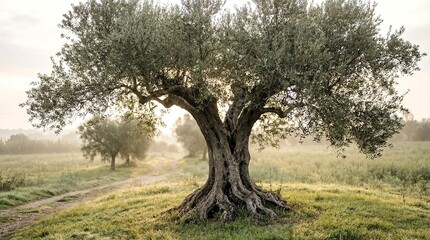 Majestic ancient olive tree with gnarled trunk stands alone in a misty green field at sunrise