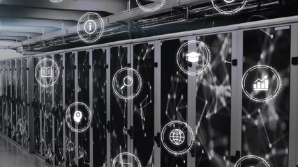 Animation of multiple digital icons and network of connections against computer server room - Powered by Adobe