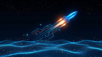 Glowing blue rocket soaring upwards through dark digital space leaving a trail of light