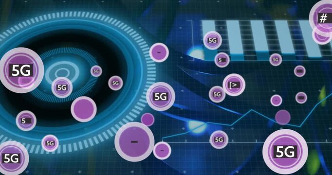 Animation of 5g and special characters text in circles with graphs and radar over cables