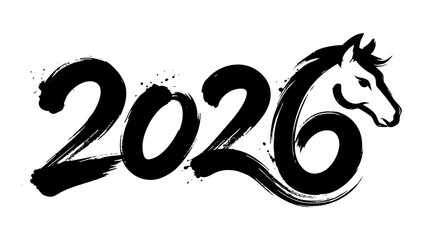 Chinese New Year 2026 brush calligraphy typography with horse head illustration
