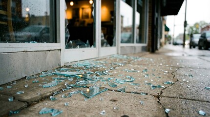Shards of shattered glass are scattered across the wet concrete sidewalk outside a damaged storefront window