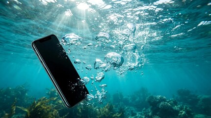 Modern black smartphone sinking beneath clear blue ocean surface surrounded by rising air bubbles and underwater kelp