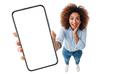 Young woman excitedly showing blank smartphone screen