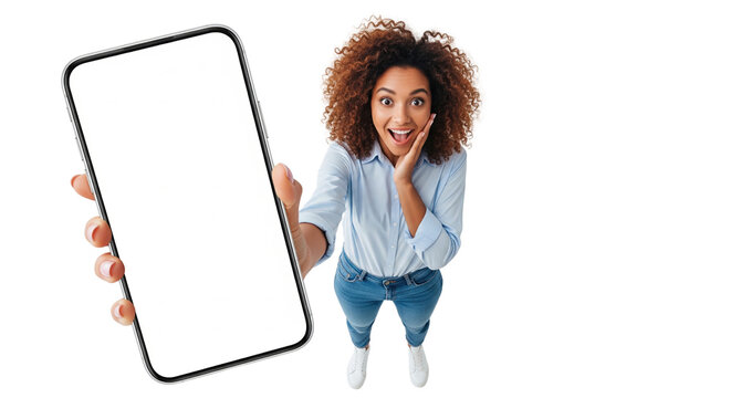 Young woman excitedly showing blank smartphone screen