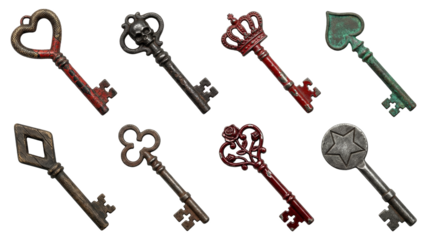 Vintage key set including heart, skull, crown, spade, diamond, clover, rose, and star motifs isolated. Antique decorative metal collection.