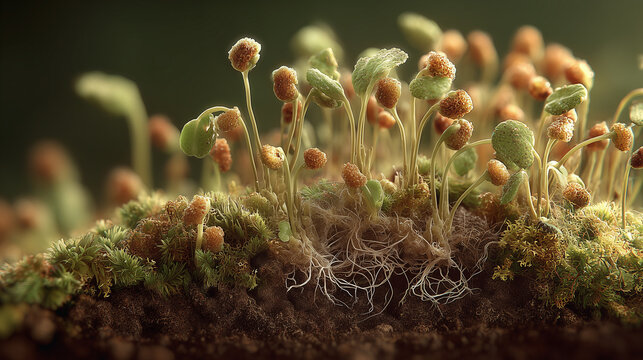 Close-up of moss and tiny plant sprouts with visible roots in soil, detailed macro view of forest floor ecosystem