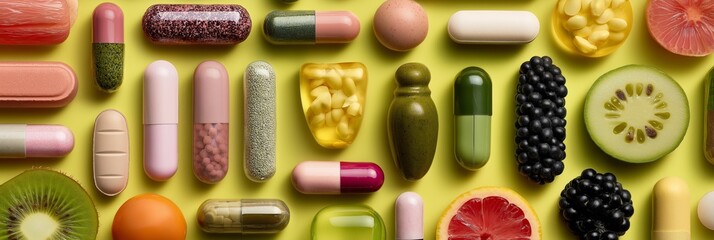 Colorful sparkling gel capsules representing health and beauty. Colorful sparkling transparent gel capsules creating a vibrant and clean health and wellness concept