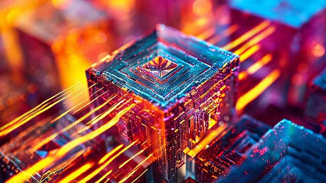 Futuristic quantum computing processor chip with neon glowing circuitry and isometric perspective. 3D render of high-tech data core, artificial intelligence hardware, and cyberpunk aesthetic for digit