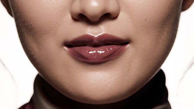 Close-up of a woman's lips with glossy dark berry lipstick glistening with subtle sweat droplets against a bright white