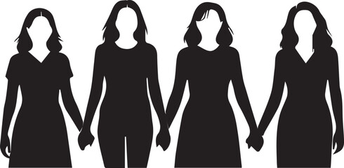 Four women silhouettes holding hands in unity and friendship