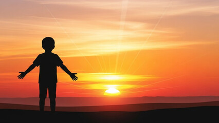 Obraz premium Silhouette of a child with arms outstretched towards a vibrant sunset symbolizing hope and new beginnings perfect for concept