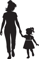 Silhouette of a mother walking hand in hand with her young daughter