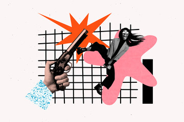 Creative full artwork 3d photo collage of happy girl dance hand hold pistol shooting victim killer injury bullying pressure
