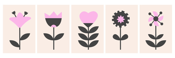Scandinavian flowers set. Nordic floral design element. Pink and gray geometric folk flowers