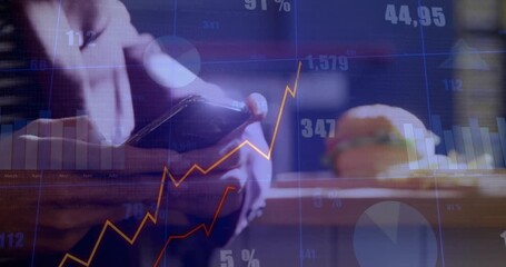 Animation of data processing and diagrams over caucasian man using smartphone - Powered by Adobe