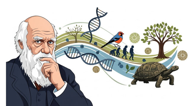 Charles Darwin and the theory of evolution illustrating natural selection DNA and human development conceptual science illust